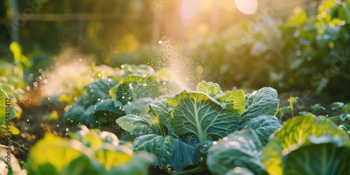 Spraying natural mixture on cabbage foliage to deter caterpillars and worms Pieris brassicae Nettle compost cabbage leaf manure and tomato shoot manure spray photo