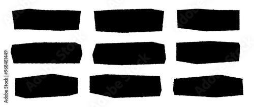 Set of rough torn paper horizontal piece isolated on white background. Black silhouettes with ragged edges.