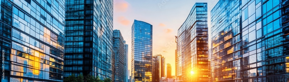 Modern Cityscape with Glass Buildings at Sunset Modern Cityscape with Glass Buildings at Sunset
