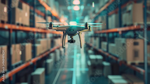 Drone flying through a warehouse with shelves of packages, representing automation in logistics.