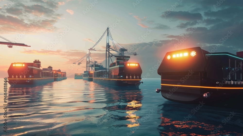 Fototapeta premium Futuristic autonomous shipping port with AI controlled loading systems