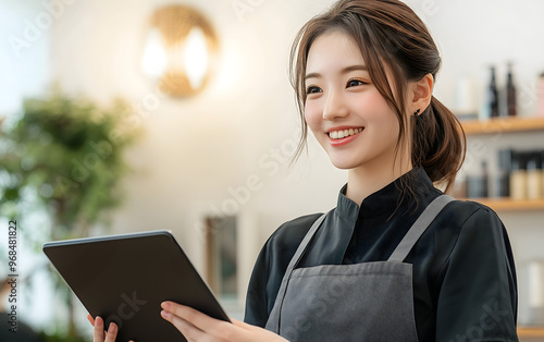 young asian japanese sales woman female lady in a modern salon, using a tablet to assist clients, smiling warmly at customers coffee shop