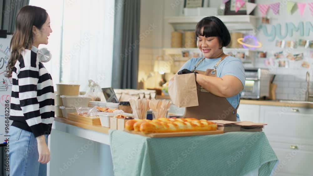 Young asian female customer using mobile phone to pay for paper bag full of freshly baked goods.NFC QR code device,payWave,contactless payment code for fast digital transaction. Young asian female customer using mobile phone to pay for paper bag full of freshly baked goods.NFC QR code device,payWave,contactless payment code for fast digital transaction.