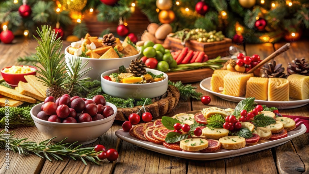 Christmas table scene featuring an assortment of appetizers , festive, holiday, celebration, food, buffet Christmas table scene featuring an assortment of appetizers , festive, holiday, celebration, food, buffet