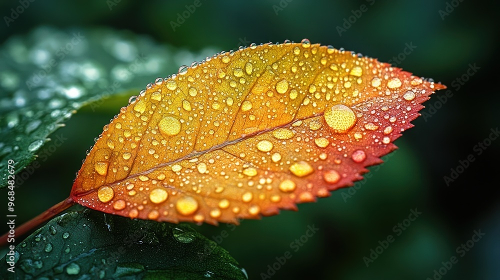 A close-up of a colorful leaf with water droplets. A close-up of a colorful leaf with water droplets.