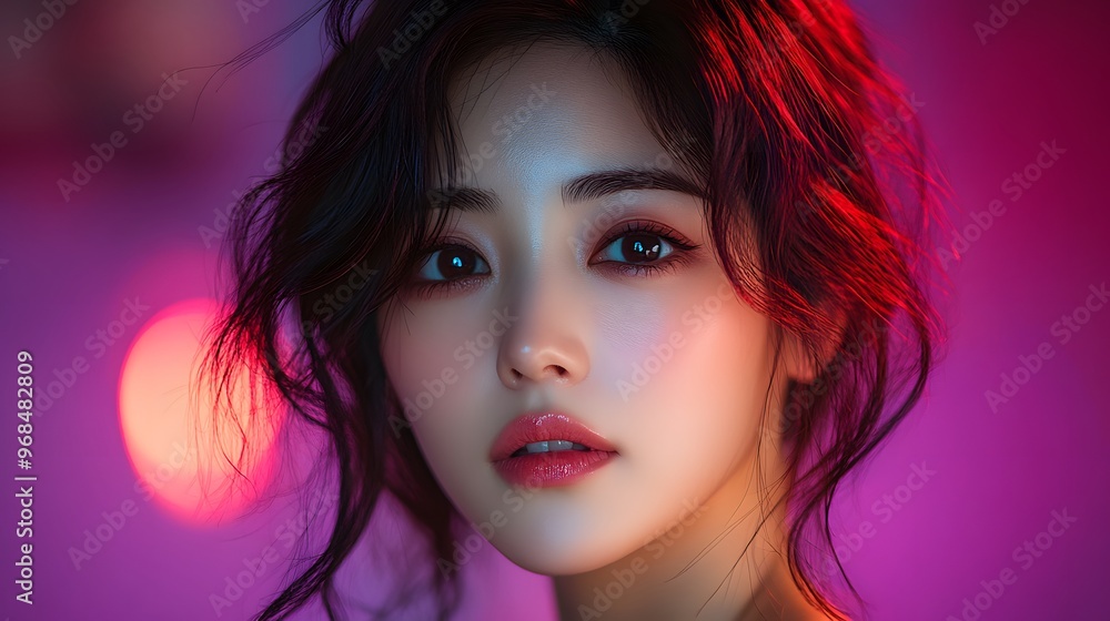 Fototapeta premium korean woman model, solid purple backdrop