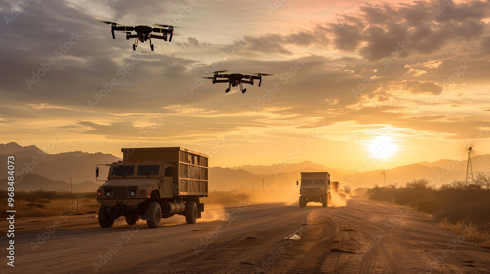 Fototapeta premium Military drones flying over trucks on a dusty road at sunset during a logistics operation