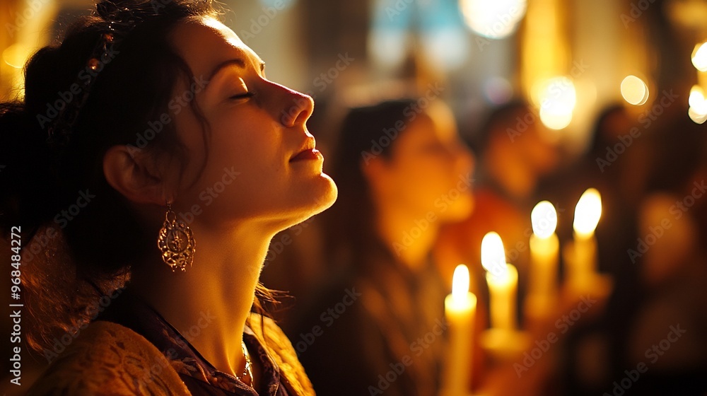 Woman Praying in Candlelit Atmosphere Woman Praying in Candlelit Atmosphere