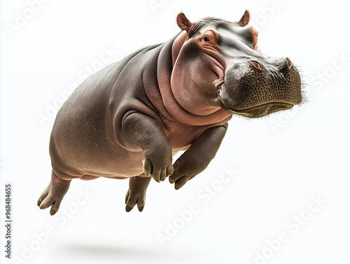 A hippopotamus in mid-air, leaping with its legs extended and its mouth slightly open. photo