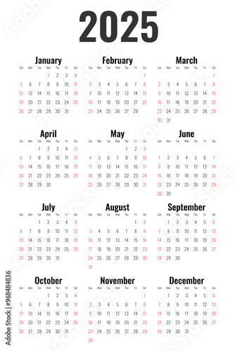 Calendar 2025 starts from Sunday. Minimalist, Clean, Simple and Modern Design. One page Calendar