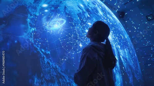 Futuristic home holographic planetarium with interactive star map