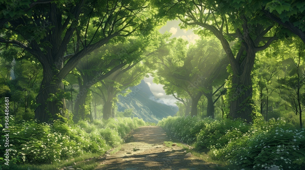 A path that passes through a lush forest A path that passes through a lush forest
