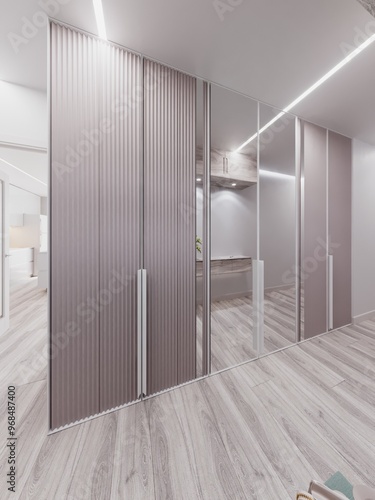 Wardrobe in the hallway with hinged doors to the ceiling. The facades of the cabinet are mirrored and wooden with a wavy surface of purple, ash-pink shade. The handle profile is installed at the very 