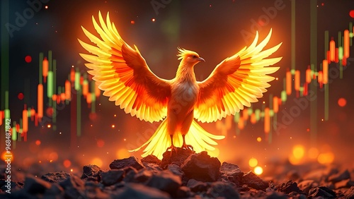 phoenix rising from ashes. fluctuating stock market graphs. Symbolizing recovery and growth after an economic downturn. financial growth concept