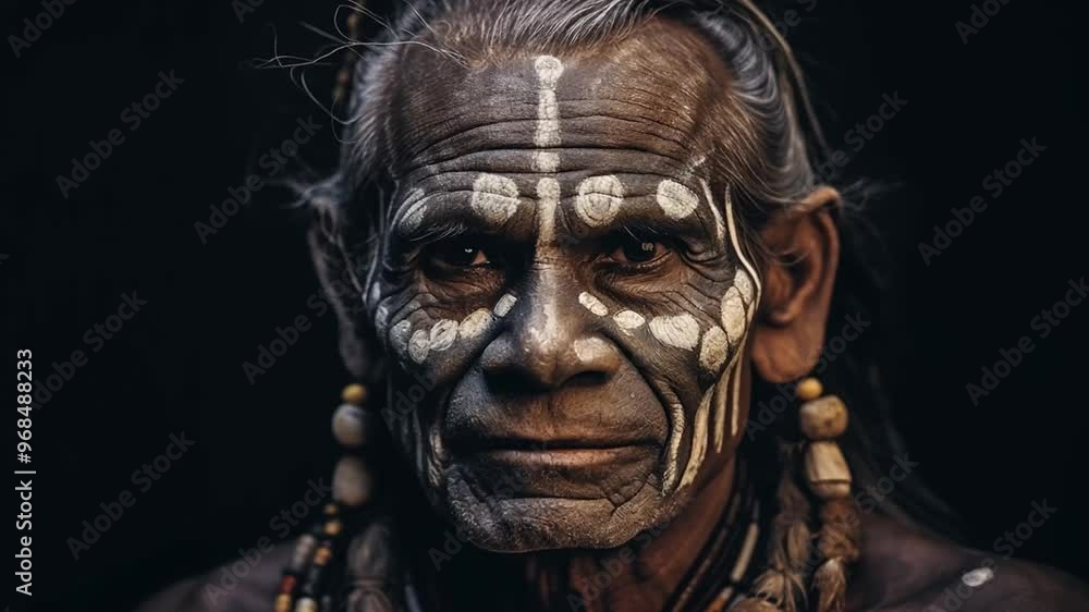 Indigenous man with expressive face paint and cultural adornments, embodying strength and heritage Indigenous man with expressive face paint and cultural adornments, embodying strength and heritage