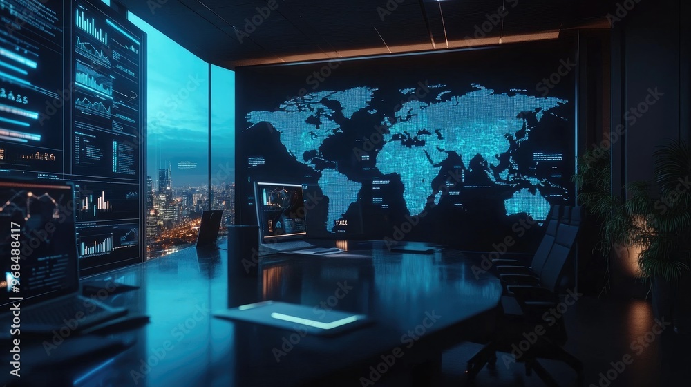 Digital World Map Displayed on Wall, Futuristic Office Interior Design Digital World Map Displayed on Wall, Futuristic Office Interior Design