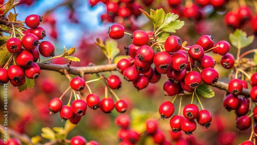 Red wild hawthorn berries on branches up close, red, wild, hawthorn berries, branches, close up, vibrant, nature, autumn Red wild hawthorn berries on branches up close, red, wild, hawthorn berries, branches, close up, vibrant, nature, autumn