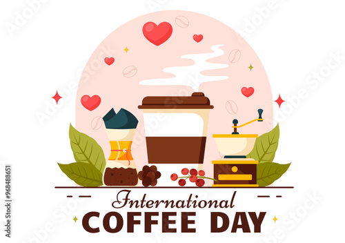 International Coffee Day Vector Illustration on 1st October, Featuring Aromatic Coffee and Relaxing Drink with a Brown Background in a Cute Cartoon