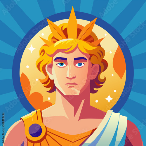 Apollo: God of the Sun - A vibrant illustration of Apollo, the Greek god of the sun, music, and poetry, with his iconic golden laurel wreath. The sunburst background and bold colors create a powerful 