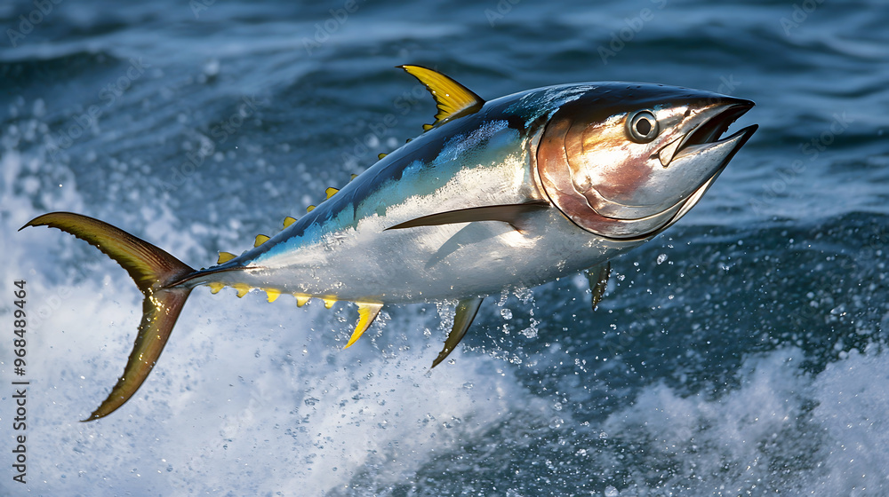 Obraz premium tuna fish suspended in mid-air after jumping out of the water