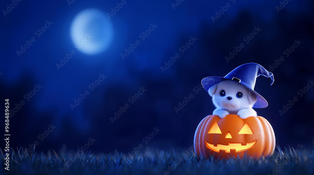 Cute puppy in witch hat resting on a jack o lantern bright moonlight 3D ...