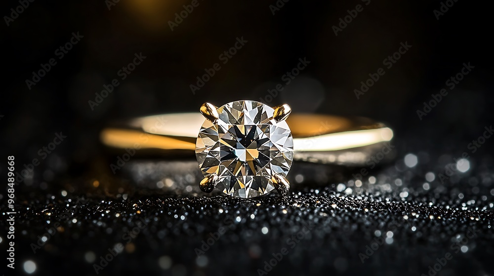 A classic diamond engagement ring with a gold band, set against a shimmering black background. A classic diamond engagement ring with a gold band, set against a shimmering black background.