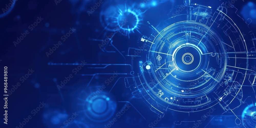 Obraz premium Futuristic technology interface with glowing blue elements and intricate patterns, representing digital innovation and data visualization.