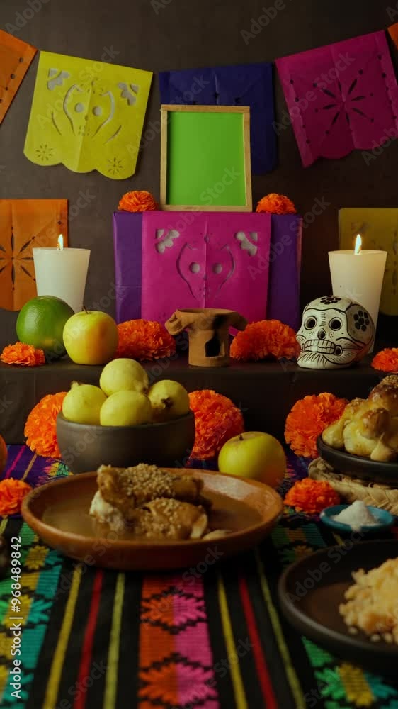 Vertical video, Dia de muertos in Mexico, placement of a Mexican offering in the month of November, green screen portrait frame Vertical video, Dia de muertos in Mexico, placement of a Mexican offering in the month of November, green screen portrait frame