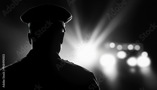 Wallpaper Mural Silhouette of a police officer with lights in the background, representing authority and law enforcement in a dramatic scene. Torontodigital.ca