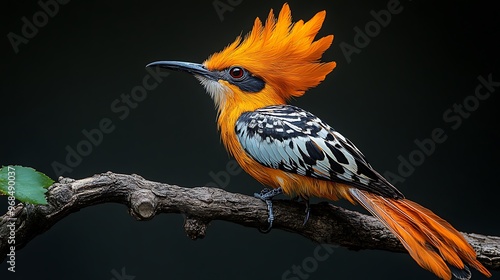 A colorful bird with a long beak and orange crest perched on a branch against a dark background. photo