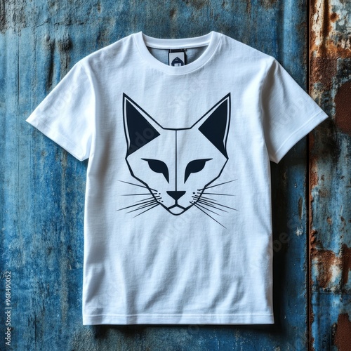 T-shirt dengan desain wajah kucing minimalis. photo