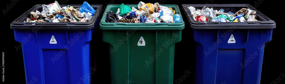Four Diverse Trash Cans Overflowing with Garbage, Black Background ...