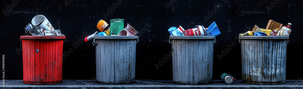 Four Diverse Trash Cans Overflowing with Garbage, Black Background ...