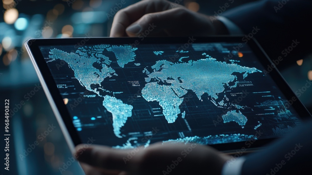 Digital World Map on Tablet, Data Visualization of Global Network and Connections Digital World Map on Tablet, Data Visualization of Global Network and Connections