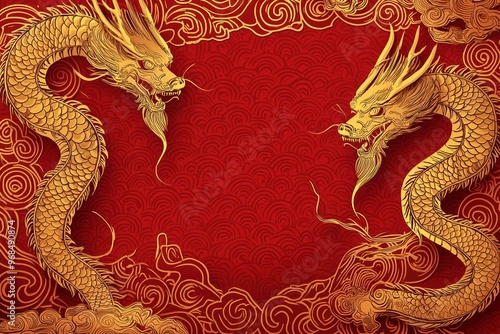 Wallpaper Mural Intricate illustration of two golden dragons on a vibrant red background, symbolizing strength and prosperity. Torontodigital.ca