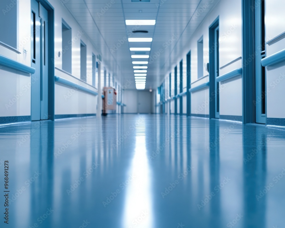 Obraz premium A clean, modern hospital corridor with smooth blue floors and bright lights, perfect for healthcare and medical imagery.