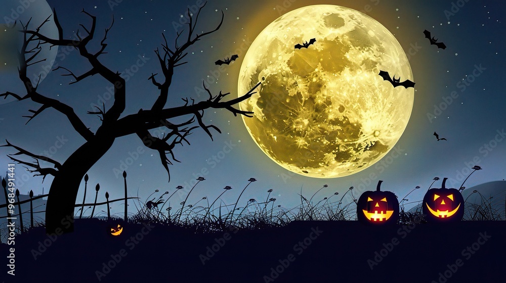 A spooky Halloween cartoon background with a prominent moon. The moon is shining brightly in the night sky, casting an eerie glow A spooky Halloween cartoon background with a prominent moon. The moon is shining brightly in the night sky, casting an eerie glow