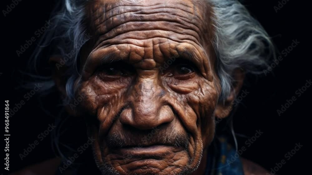 Close-up portrait of an elderly man with deep wrinkles and gray hair against a dark background Close-up portrait of an elderly man with deep wrinkles and gray hair against a dark background