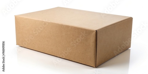 A wide angle stock photo featuring a blank cardboard box made of craft paper isolated on a white background, shipping, isolated, object, texture, minimalism, storage,blank