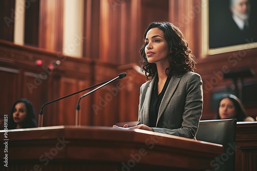 Female legal consultant providing expert testimony in a courtroom. She is dressed professionally, and the courtroom