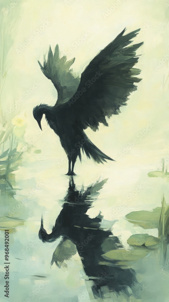 Fototapeta premium A mystical crow spreads its wings, reflecting gracefully in tranquil waters surrounded by soft, dreamy colors.
