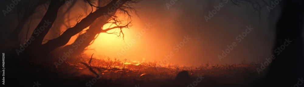 Obraz premium A mystical landscape shrouded in fog, with an ethereal glow illuminating the trees and underbrush, creating a haunting atmosphere.