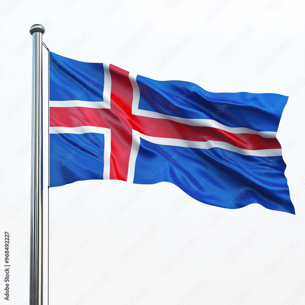 The red, white, and blue flag of Iceland waving on a pole, isolated on a transparent background. The red, white, and blue flag of Iceland waving on a pole, isolated on a transparent background.