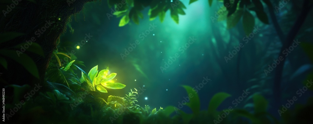 Fototapeta premium A serene and mystical forest scene illuminated by soft light, showcasing vibrant plants and lush greenery in a tranquil setting.