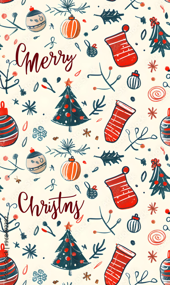 New Year's and Christmas festival seamless pattern in a 2D doodle illustrator style on pastel color backgrounds for graphic advertising. New Year's and Christmas festival seamless pattern in a 2D doodle illustrator style on pastel color backgrounds for graphic advertising.