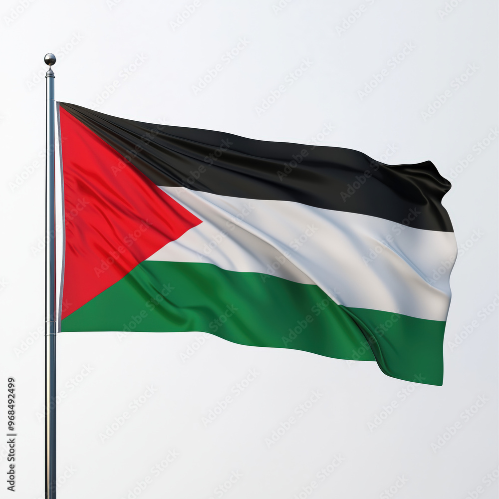 The black, white, green, and red Palestinian flag waving proudly on a pole, isolated on a transparent background. The black, white, green, and red Palestinian flag waving proudly on a pole, isolated on a transparent background.