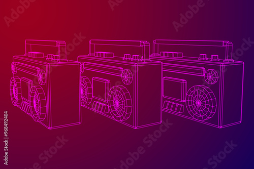 Retro Boombox outdated portable cassette tape recorder. Wireframe low poly mesh vector illustration.