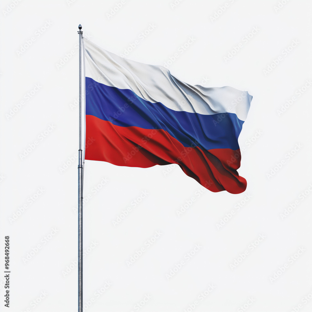 The tricolor flag of Russia, with white, blue, and red stripes, waving on a pole against a transparent background. The tricolor flag of Russia, with white, blue, and red stripes, waving on a pole against a transparent background.