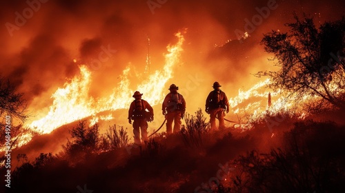 Firefighters and fire engines battling a wildfire , Generative AI