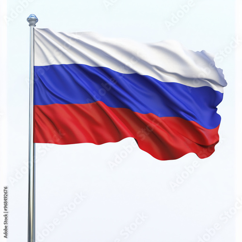 The tricolor flag of Russia, with white, blue, and red stripes, waving on a pole against a transparent background.